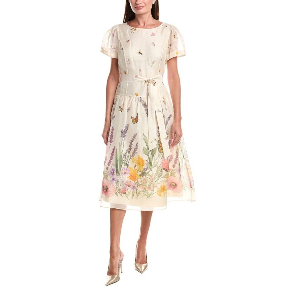 Teri Jon By Rickie Freeman Womens Print Silk & Linen-Blend Midi Dress, White